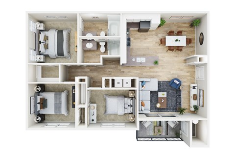 A top-down view of a house layout with multiple rooms and furniture.